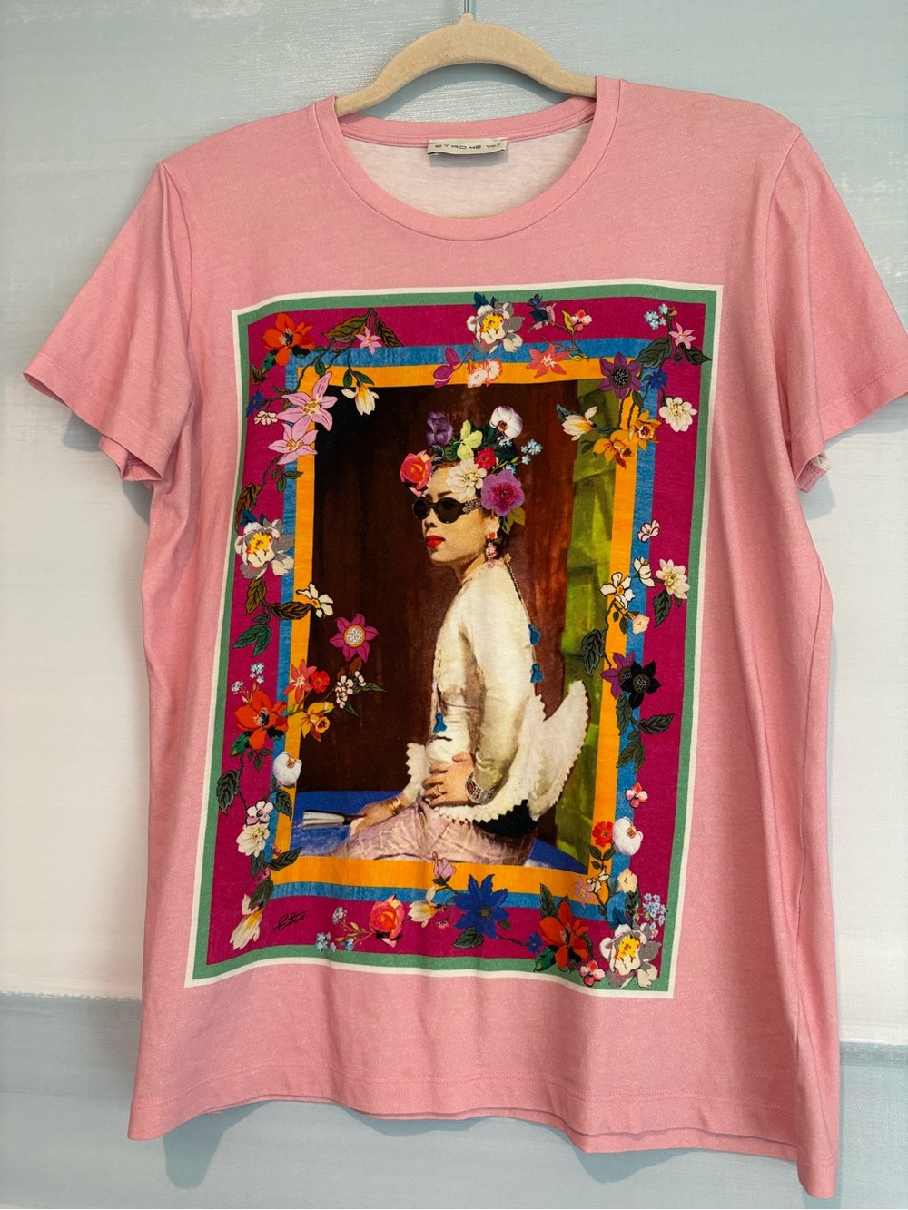 Etro Pink Graphic Floral-Frame Short Sleeve Tee
